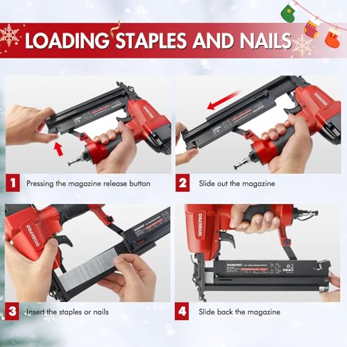 WORKPRO Pneumatic Brad Nailer, 18 GA, 2 in 1 Nail Gun and Crown Stapler, with 400pcs Nails/ 300pcs Staples, for Carpentry, DIY Project, Woodworking WORKPRO