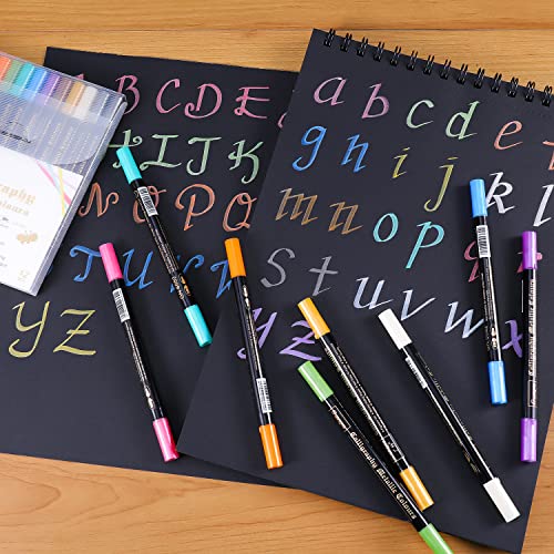 Sunshilor Calligraphy Metallic Marker Pens Dual Tip Chisel and Medium Point Pens for Black Paper, Rock Painting, Easter Egg, Halloween Pumpkin, Card Sunshilor