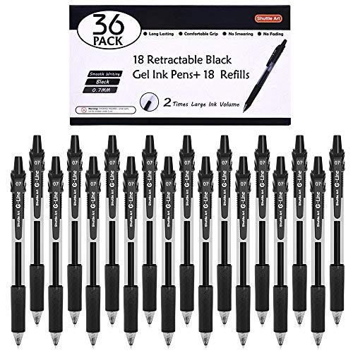 Shuttle Art Black Gel Pens, 36 Pack(18 Gel Pens with 18 Refills) Retractable Medium Point Rollerball Gel Ink Pens Smooth Writing with Comfortable Shuttle Art