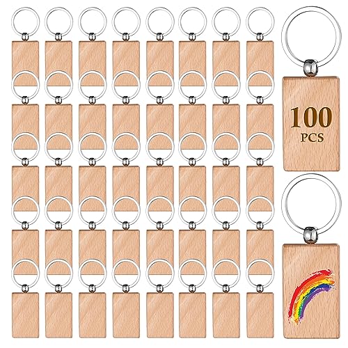 Voittozege 100 Pcs Wooden Keychain Blanks Wood Key Chain Bulk Rectangle Wooden Blank Keychains Unfinished Blanks Wood Keychains Blank Wooden Key Tag Voittozege