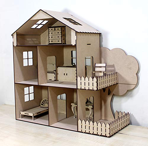 StonKraft Wooden 3D Puzzle Doll House - Home Decor, Construction Toy, Modeling Kit, School Project - Easy to Assemble (Doll House with Furniture) StonKraft