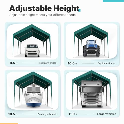 ADVANCE OUTDOOR Adjustable 10x20 ft Heavy Duty Carports Car Canopy Garage Boat Shelter Party Tent, Adjustable Height from 9.5 ft to 11 ft, Green ADVANCE OUTDOOR