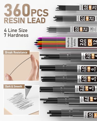 Nicpro 35PCS Art Mechanical Pencils Set, 3 PCS Metal Drafting Pencil 0.5 mm & 0.7 mm & 0.9 mm & 3 PCS 2mm Lead Holder (6B 4B 2B HB 2H 4H Colors) For Nicpro