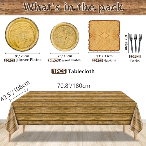 81Pcs Wood Party Decorations - Wood Paper Plates and Napkin Sets, Wood Grain Tablecloth for Lumberjack Rustic Party Decorations Woodland Decorations PTECDROTS