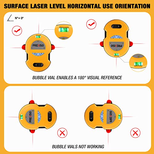 PREXISO Multi Surface Laser Level LED Light Vial, 30Ft Horizontal & Vertical Line Laser with Wall Mount Base, 2 Pins, 10 Sticker, 2 AA Batteries for Prexiso