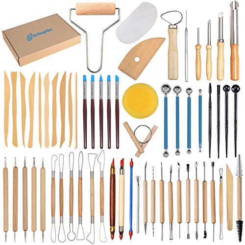 EuTengHao 61Pcs Ceramic Clay Tools Kit Pottery Tools Clay Sculpting Shapers Carving Tool Set Contains Most Essential Wooden Clay Tools for Potters EuTengHao