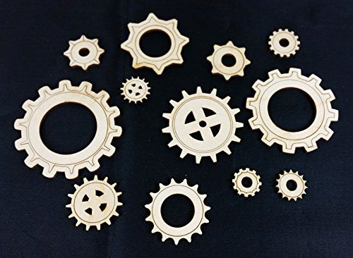 12pc. Set of Wooden Gears - Cool Industrial & Steampunk Design - Laser-Cut Thin Birch Plywood C. B. Gitty