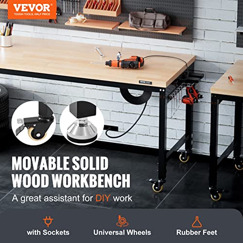 VEVOR Adjustable Workbench, 48" L X 24" W Garage Worktable with Universal Wheels, 28-39.5" Heights & 2000 LBS Load Capacity, with Power Outlets & VEVOR
