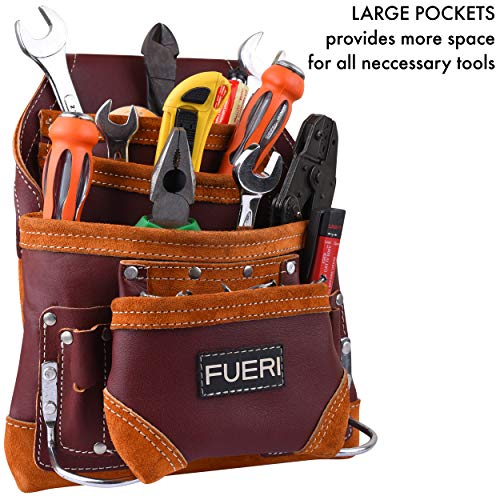 FUERI Professional 10 Pocket Leather Carpenter Tool Belt Pouch Framers Bag | Heavy Duty Premium Grain Leather Riveted Reinforcement Electrician Bag | FUERI