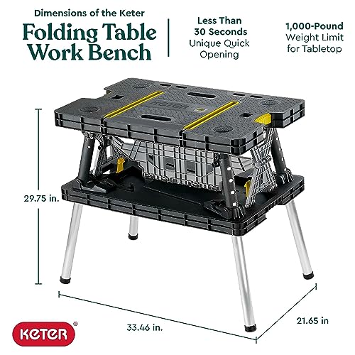Keter Portable Folding Work Table Tool Storage Stand Workbench with 12 Inch Wood Clamps for Saws, Home Improvement, and Construction Keter