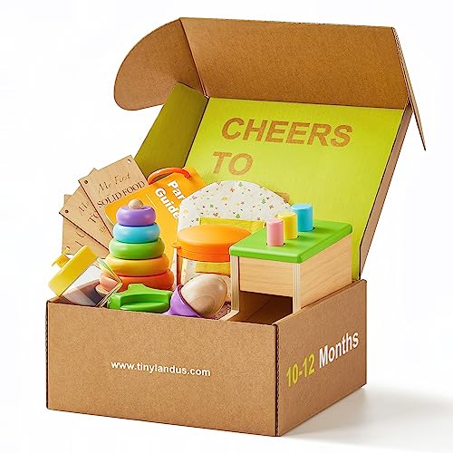 Tiny Land Montessori Toy Set for Babies 10-12 Months - 5-in-1 Wooden Learning Toys with Peg Drop Box, Rocking Stacker, Egg Cup, Canister Set, and Tiny Land