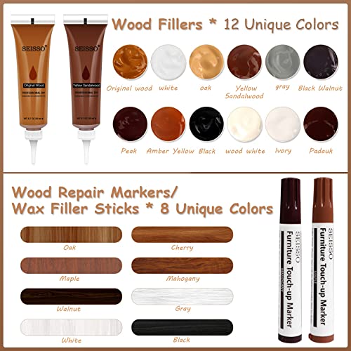SEISSO Wood Furniture Repair Kit -12 Wood Fillers with Wood Putty and Touch Up Markers Wax Fillers Beeswax for Hole, Scratch, Cracks Cover Wooden SEISSO