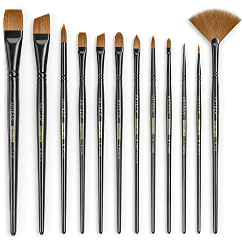 Arteza Paint Brushes, Set of 12, Premium Synthetic Acrylic & Oil Paint Brushes with Brass Ferrules & Wooden Birch Handles, Painting Art Supplies for ARTEZA