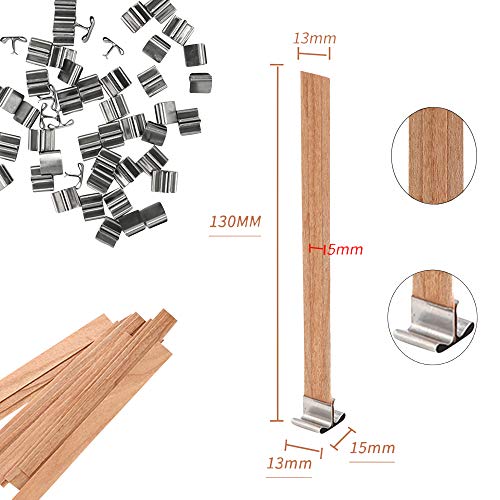 Wood Wicks for Candles Making - NOOR 50 Pieces Smokeless Wooden Wicks with Booster. Crackling Wood Wick with Metal Clips for Candle Making and DIY NOOR