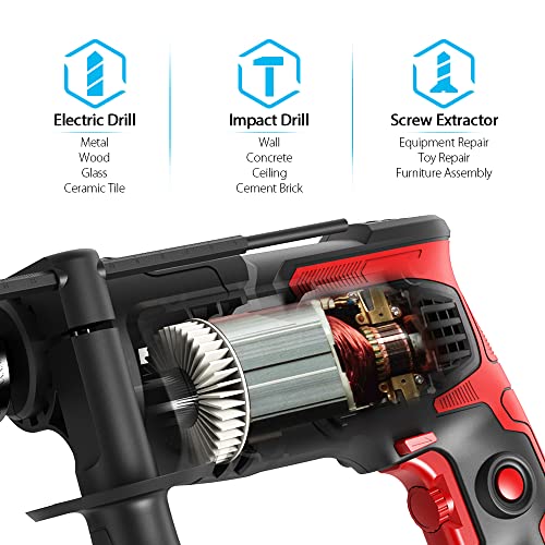 Hammer Drill 850W Impact Drill 1/2-Inch 7 Amp Corded Drill with Variable Speed 0-3000RPM, Hammer and Drill 2 Functions in 1 for Steel, Concrete, Vistreck