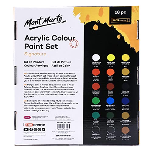 MONT MARTE Studio Acrylic Paint Set, 18 Piece, 36ml Tubes. Lightfast Colours with Great Coverage, Ideal for Canvas, Wood, Fabric, Leather, Cardboard, MONT MARTE