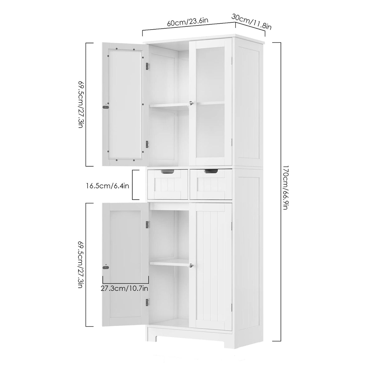 HORSTORS 67" Tall Storage Cabinet, Freestanding Pantry Cabinet with Glass Door and Shelves, Linen Bathroom Cabinet with 2 Drawers for Living Room, HORSTORS
