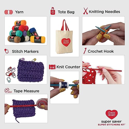 Red Heart Super Saver Soft Acrylic Yarn Beginners Stitchers Kit, with 12 Pack of 50g/1.7 oz. 4 Medium Worsted Yarn and Accessories for Knitting & Red Heart
