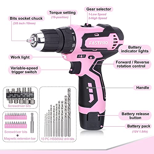 FASTPRO 42-Piece 12V Pink Drill kit, Lithium-ion Cordless Drill Driver, 3/8 in. Drill Driver Set with One 1.5 Ah Batteries, Charger and Tool Bag FASTPRO