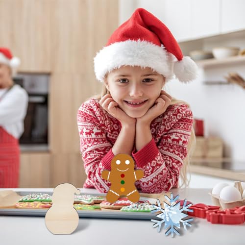 MAYJOYDIY 6pcs Christmas Snowman Tree Wooden Cutouts Santa Claus/Angels/Snowflakes/Gingerbread Man Christmas Ornaments Unfinished Wood for Christmas MAYJOYDIY