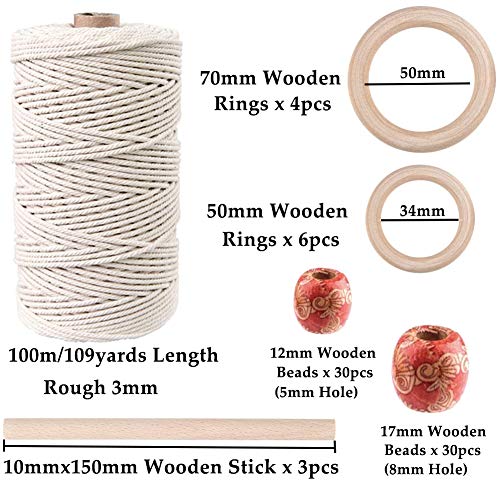 120pcs Macrame Kits for Beginners 3mm x 109yards Natural Cotton Macrame Cord with Wooden Beads & Rings,Wooden Sticks,Metal Rings Macrame Supplies MAOQIAN