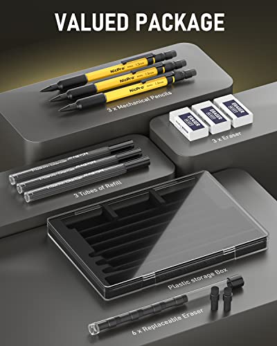 Nicpro 3 PCS 1.3 mm Mechanical Pencils Set with 36 Lead Refill, 3 Eraser - Weatherproof Metal Barrel, Heavy Duty Carpenter Pencil for Outdoor Marking Nicpro