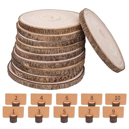 Natural Round Wood Slices 10 Pack 8-9 inches Unfinished Wood kit Circles DIY Crafts Wood Ornament Discs with 10 PCS Cards and 10 PCS Wood Table FORACKS