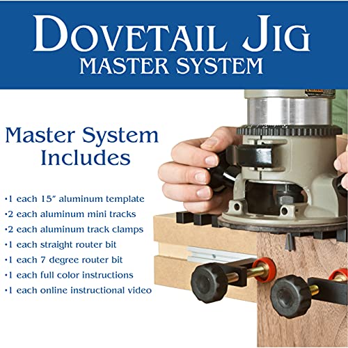 Peachtree Dovetail Jig Master System with Two Anodized Aluminum Tracks | Two Track Clamps | One Flush Trim Router Bit | One Dovetail Router Bit and Peachtree Woodworking Supply