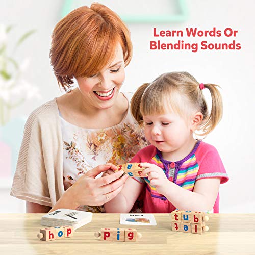 Coogam Wooden Reading Blocks Short Vowel Rods Spelling Games, Flash Cards Turning Rotating Letter Puzzle for Kids, Site Words Montessori Spinning Coogam