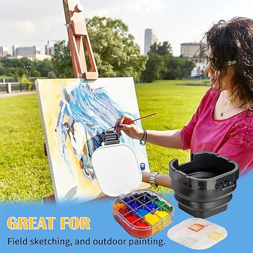 Falling in Art 16 Wells Paint Palette, Airtight Palette Storage Box with Lid and Folding Paint Brush Basin for Watercolor, Gouache and Acrylic Falling in Art