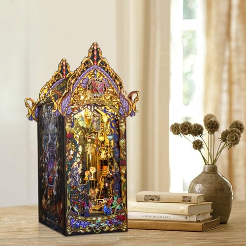 DIY Book Nook Kit Castle Miniature Dollhouse Kit, Magic Castle Bookshelf Insert Decor with Sensor LED Light, Bookend Building Set Hobbies 3D Wooden Hallisun