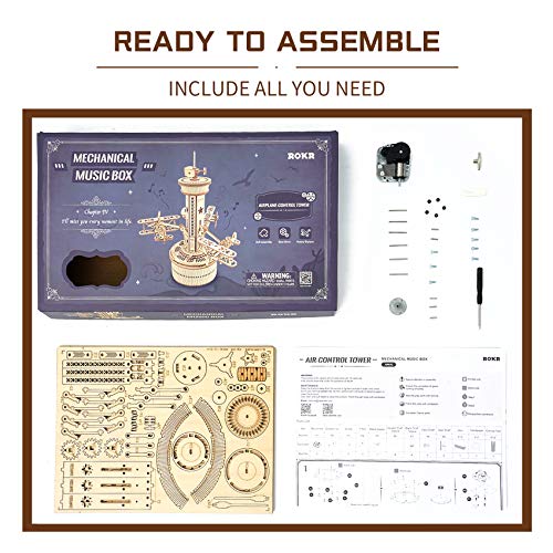 ROKR 3D Wooden Puzzles for Adults Mechanical Music Box-Airplane Tower, DIY Rotating Music Box Model Building Kits for Teens, DIY Crafts/Hobbies/Gifts ROKR