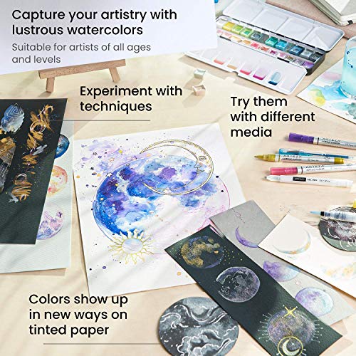 Arteza Metallic Watercolor Paints, Set of 24 Half Pans, Pearl Paint, Vibrant and Pearlescent Hues, Includes Storage Tin & Water Brush, Art Supplies ARTEZA