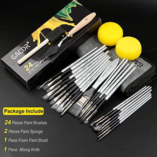 GACDR Acrylic Paint Brush Set, 24 Pieces Paint Brushes for Acrylic Painting with Cloth Roll Case and 2 Sponges, Pinceles para Acrilico for Oil GACDR