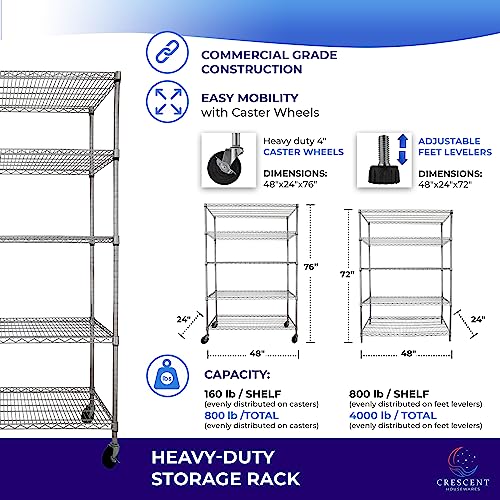 48 x 24 x 76, 4000 LBS, Commercial Metal Shelves for Storage with Wheels for Garage Shelving, 5 Tier Wire Shelving Rack for Kitchen Storage, Heavy Crescent Housewares
