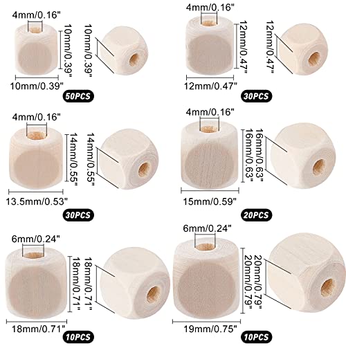 PandaHall 150 pcs Wooden Cubes, 6 Sizes Unfinished Geometric Wood Beads Natural Cube Wooden Beads DIY Wooden Spacer Beads for Bracelet Neckalce PH PandaHall
