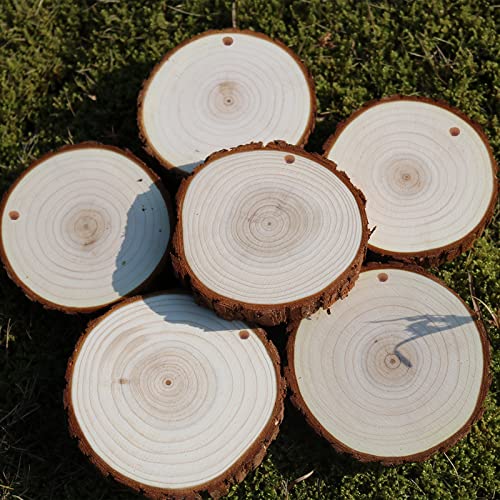 SENMUT Wood Slices 20 Pcs 3.5-4.0 inch Natural Rounds Unfinished Wooden Circles Christmas Wood Ornaments for Crafts Wood Kit Predrilled with Hole SENMUT