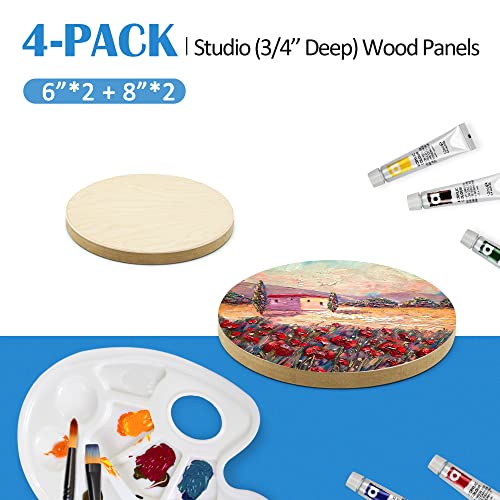 Falling in Art Unfinished Round Birch Wood Panels Kit for Painting, Wooden Canvas 4 Pack of 6 and 8" Studio 3/4" Deep, Cradle Boards for Pouring, Falling in Art