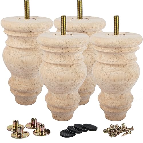 La Vane 5 inch / 12cm Unfinished Wooden Furniture Legs, 4PCS Soild Wood Turned Spindle Replacement Bun Feet with Pre-Drilled M8 Inch Bolt & Mounting La Vane