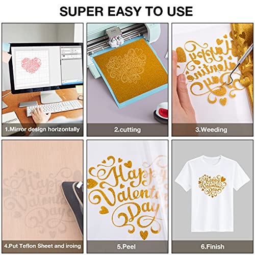 HTVRONT Gold Glitter HTV Vinyl Roll-12 x 15FT Gold Glitter Heat Transfer Vinyl for Shirts, Glitter Iron on Vinyl for All Cutter Machine,Easy to Cut HTVRONT