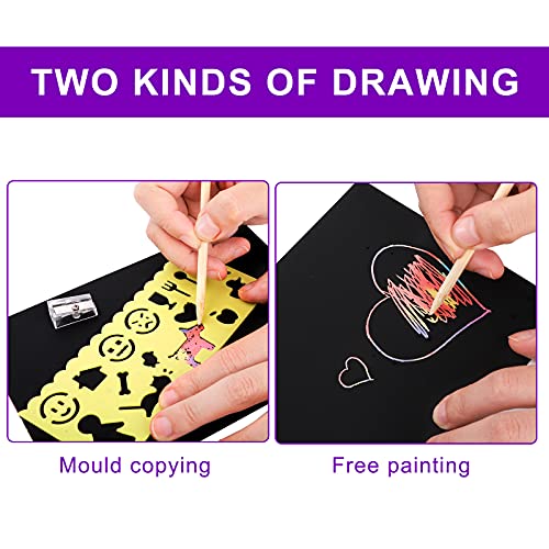 ZEAYEA 200 Pcs Scratch Paper Art Set, Scratch Off Rainbow Magic Paper with 10 Bamboo Stylus, 8 Stencils, Black Scratch Notes for Boys and Girls DIY ZEAYEA