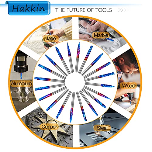 Hakkin 20 Pcs Carbide Rotary Burrs Set, End Mill CNC Router Bit, 1/8" Shank Nano Blue Coating Ball Nose End Mill, Double Cut Coat Rotary Drill for Hakkin