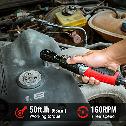 WORKPRO 3/8-Inch Air Ratchet Wrench, 50ft.lb Max Torque, 160RPM, 360 Degree Adjustable Exhaust, Forward/Reverse Control, Good Gift for Men Dad Father WORKPRO