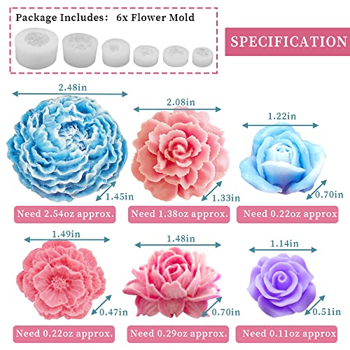 6PCS Flower Silicone Molds Resin Candle Mold Set, 3D Bloom Rose Peony Fondant Mold for Chocolate Cake Decor Soap Candle Making Kit, Resin Mold for Wehous