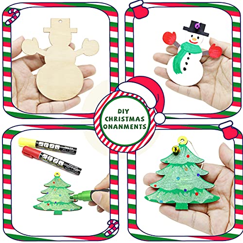 50 PCS Unfinished Wooden Christmas Ornaments DIY Christmas Wooden Slices with 50 Jingle Bells for Crafts Christmas Hanging Decorations?10 Shapes? Pseutio