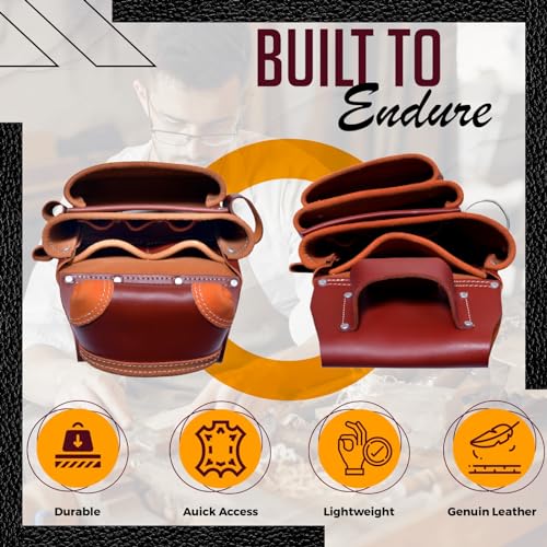 RISING STAR 100% GENUINE BROWN LEATHER TOOL POUCH WITH BELT- MINI TOOL BAG FOR NAILS, HAMMER, PILERS & TAPE MEASURE HOLDER BEST TOOL POUCH FOR WoodArtSupply