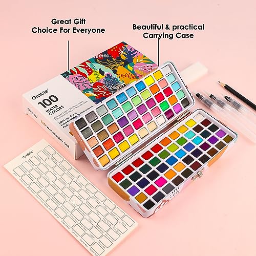 Grabie Watercolor Paint Set, 100 Colors Painting with Water Brush Pens and Drawing Pencil, Great for Kids and Adults, Art Supplies, Perfect Starter Grabie