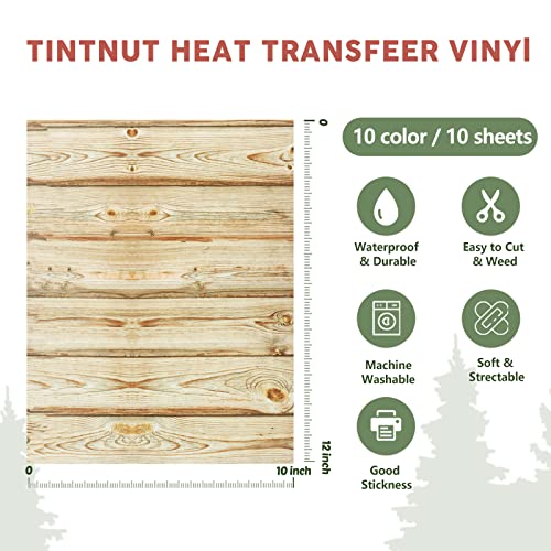 Tintnut Wood Pattern HTV Vinyl - 10 Sheets 12 X 10 Inches Brown Wood Heat Transfer Vinyl White Wooden Planks Iron on Vinyl Vintage HTV for t-Shirts Tintnut