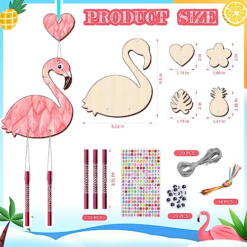 16 Pack Wind Chime Kits for Kids, Make Your Own Summer Flamingos Wind Chime DIY Coloring Heart Flower Pineapple Wooden Arts and Crafts Birthday Gifts TREACLUB