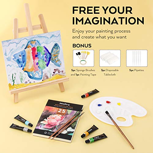Nicpro 60 PCS Art Paint Set for Kids & Adult, Washable Watercolor Sip Painting Supplies Kit for Beginner with 24 Tube Water Color Paint, 8 Brushes,12 Nicpro